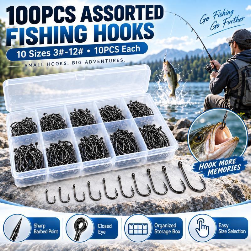 Fishing Hook Assortment - 100-teiliges Set mit Widerhaken-Angelhaken, 10 Größen